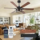 NKPU 52 Inch Farmhouse Ceiling Fan with Light and Remote, Brown Industrial Caged Rustic Ceiling Fan with 6 Speed Reversible Motor and Dual Finish 6 Blades, Rustic Ceiling Fan for Living