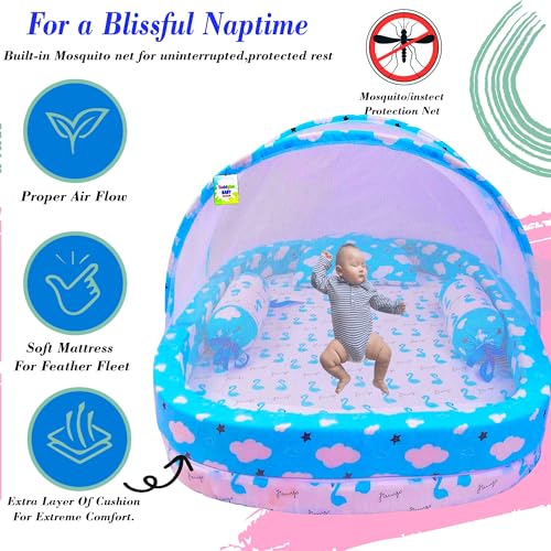 Image of Toddylon Baby Bed Bedding Set for New Born Baby | Bed Mattress | Mosquito Net | Neck Pillow | Sleeping Nest | Cotton | Travel Bed | Essentials | Toddlers | Infants | Baby Boy Girl (0-12 Months) Blue
