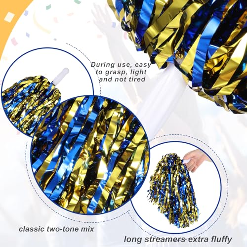 Halloscume 60 Pcs Cheerleading Pom Poms Cheering Pompoms Bulk Cheer Metallic Foil Pom with Baton Handle Plastic Poms Squad for Game Team Spirit Sports Dancing Basketball Club(Blue, Gold)