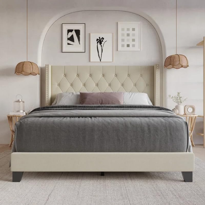 Image of HITHOS Solid Wood Modern Upholstered King Size Bed with Tufted Headboard and Without Storage | Wooden Double Bed Cot Furniture for Home Hotel Bedroom Living Room (Beige) 1 Year Warranty