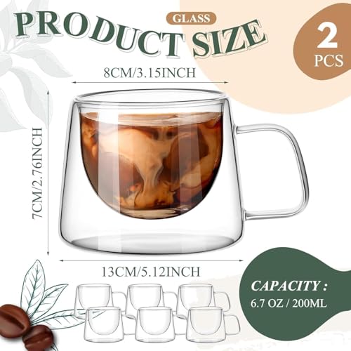 Image of Coffee Print Double Wall Glass Coffee Mugs Espresso Mugs with Square Handle Glass Cappuccino Cups Tea Clear Coffee Insulated Cups Gift Set for Latte Tea Bag Beverage Cafe Kitchen 250 ml