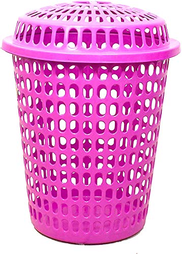 Image of Plastic Laundry Basket With Lid Big Size For Clothes 50 Litre Hamper Bag Dress Storage Toys Organiser Cover Combo With Cap Heavy Duty Round Shape (1 Pcs, Pink)