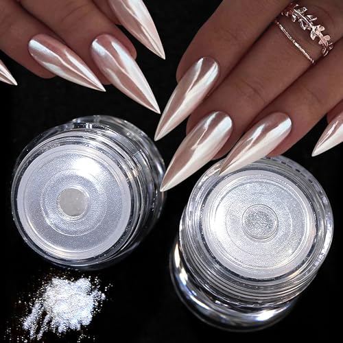 2Pcs White Pearl Chrome Nail Powder Super Glossy Metallic Mirror Effect, White Moonlight Unicorn Chrome Powder for Nails, Mermaid Glitter Pigment Powders for Gel Nail Polish Design 0.5g/Jar