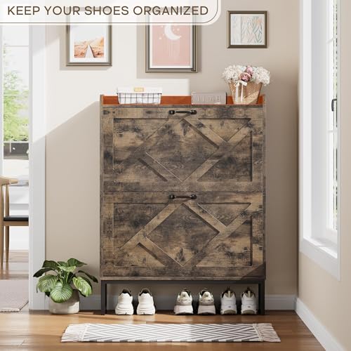 Image of Nicetree Shoe Cabinet with 2 Flip Drawers, Freestanding Shoe Storage Cabinet with Metal Legs, Farmhouse Shoe Organizer for Entryway, Foyer, Hallway