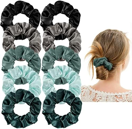 BBTO 10 Pieces Satin Scrunchies Hair Ties Silky Small Elastic Hair Bobbles Ponytail Holders Curly Hair Accessories for Women Girls Kids Adults (Retro Colors)