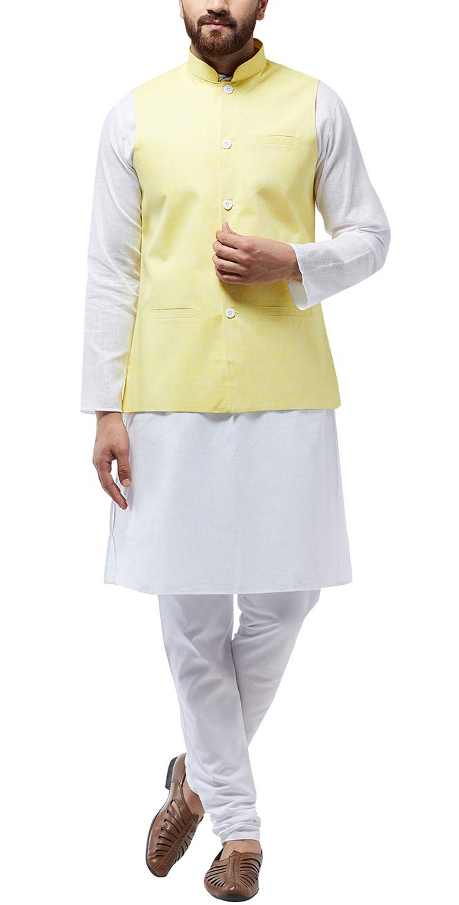 Sojanya (Since 1958 Men's Cotton Linen White Kurta With White Pyjama & Lemon Nehrujacket Combo Size 38
