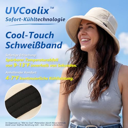 TOP-EX UPF 50 Sonnenhüte Damen mit Pferdeschwanz, Breiter Krempe Fischerhut für UV-Schutz, Wasserdicht regenhut, Atmungsaktiv Sommer-Mesh, Kinnriemen, Faltbar, Camping, Safari, Khaki L