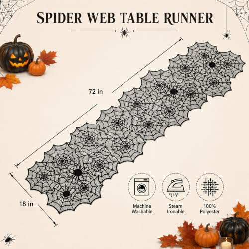 Oeyliz Halloween Decorations Black Lace Spider Web Table Runner 18 x 72Inch - image 4