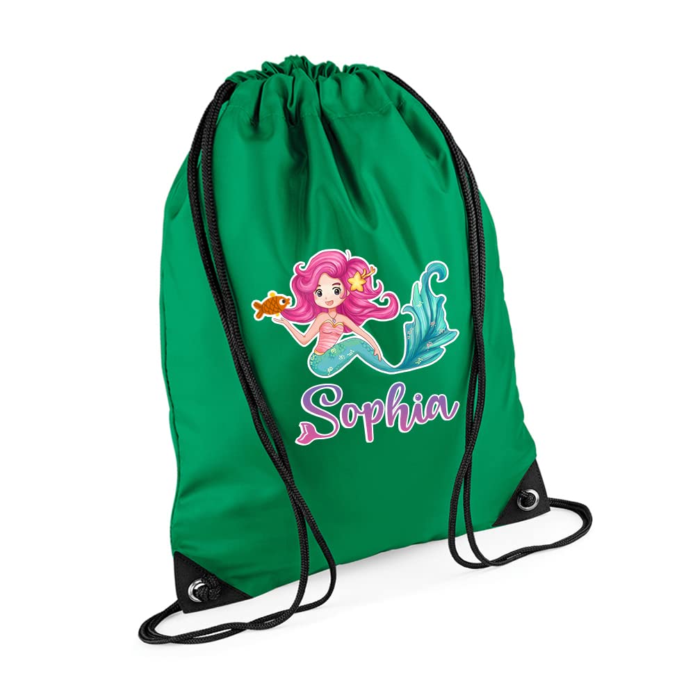 Mermaid Girl Gift Bag Personalised Backpack Mermaid Bag Gift for Kids-Girl Toddlers Birthday Girl Drawstring Bag, PE Gym Kit Swimming, Sport Rucksack. (Kelly Green)