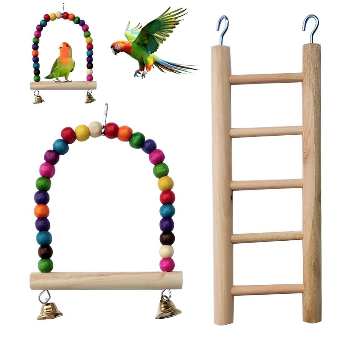 GXGM 2 Pezzi Set per Uccelli, Gabbia, Campana, Scala in Altalena, Trespolo per Pappagalli e Uccelli Multicolore Giocattolo Ponte Arcobaleno per Pappagalli giocattolo per Pappagalli Ponte Arcobaleno