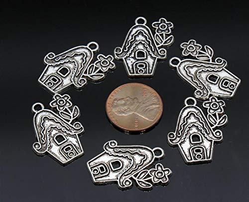 5 Pcs House with Flower CLET Charms Antique Silver Tone 17x20mm