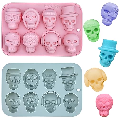 2 Pcs Halloween Skull Silicone Molds 8 Cavity 3D Skull Shape Fondant Mold Decorative Chocolate Candy Baking Molds DIY Baking Tool for Sugar Craft Cake Decoration