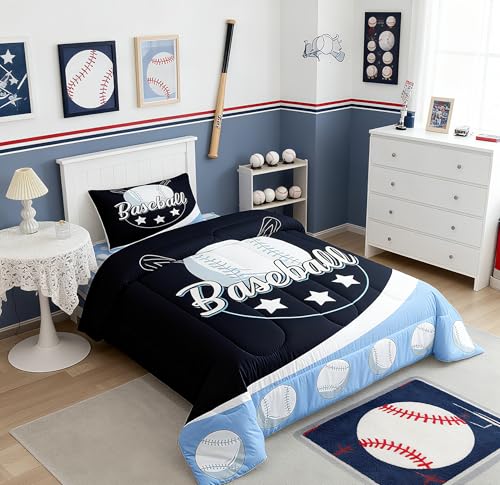Image of Feelyou Kids Baseball Comforter Set King Size Blue White Baseball Game Bedding Set for Boys Girls Sport Theme Duvet Set Softball Lover Quilt Set 2Pcs