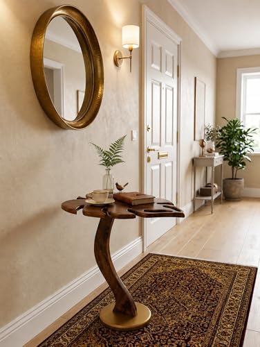 Image of REDWOOD Sheesham Wood Designer End Table | Artistic Accent Side Table for Living Room, Bedroom, Entryway & Lounge | Decorative Organic Shape Display Stand Furniture | Walnut & Golden