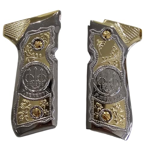 Metal Grips for Beretta 92/96 Full Size, 92 fs, m9, 92a1, 92 INOX, Scroll Design Nickel Gold Plated, Gun Grips Screws Included