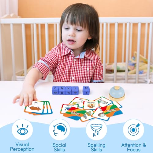 Image of Edulok Word Race Cube - Preschool Wooden Alphabet Letter Blocks & Phonics Matching Games - CVC Word Learning Toys
