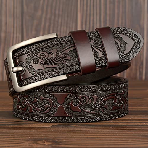 Men's Casual Genuine Leather Jeans Belts Vintage Leather Engraved Strap with Single Prong Buckle4