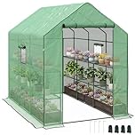 Outsunny Walk-in Greenhouse with 3 Tier 12 Shelves, Small Greenhouse with Reinforced PE Cover, Garden Plant Growhouse with Roll-up Door and Three Mesh Windows, 140 x 213 x 190 cm, Green