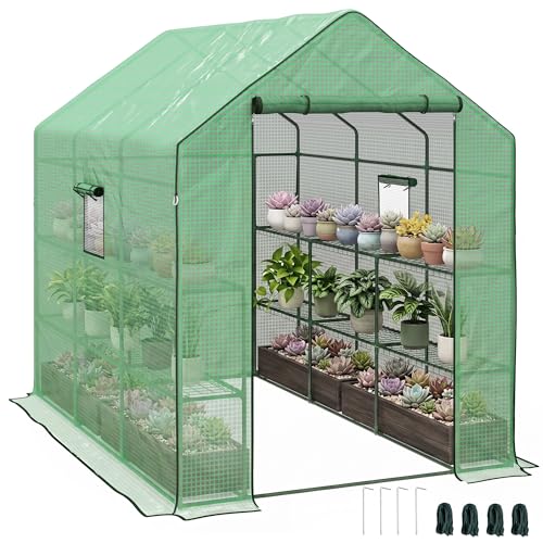 Outsunny Walk-in Greenhouse with 3 Tier 12 Shelves, Small Greenhouse with Reinforced PE Cover, Garden Plant Growhouse with Roll-up Door and Three Mesh Windows, 140 x 213 x 190 cm, Green