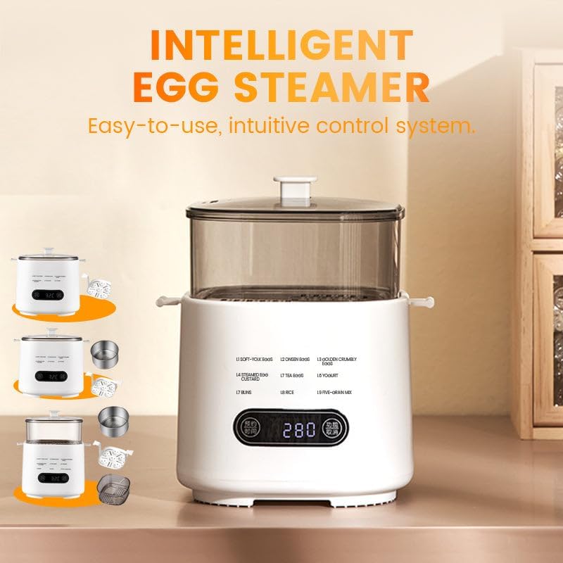 Mini Multi-Functional Egg Cooker Set with Smart Touch Panel, Electric Rapid Egg Cooker, Egg Steamer with Auto Shut-Off, Precise Temperature Control for Hard Boiled, Soft Boiled, Poached (Set C)