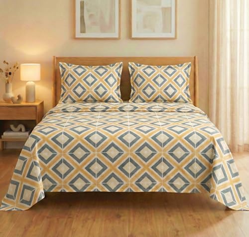 Image of BSB HOME Cloud Cotton King Size Bedsheet Set 228 x 254 cm, 220 Thread Count Soft & Breathable Cotton Bedsheet with 2 Pillow Covers, Floral Printed Bedding for Home (Golden Yellow)