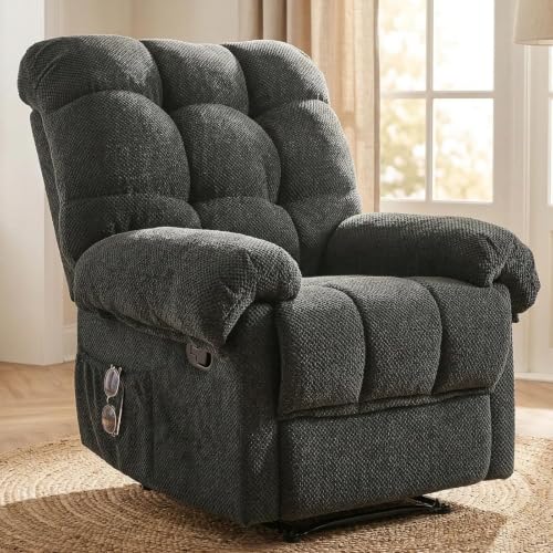 36'' W Comfy Manual Rocking Recliner Chair, Overstuffed Manual Recliner, Ergonomic Back Pain Relief w/Pockets, Reading Apt Bedroom Living Room, Dark Gray, Gift for Mom Dad