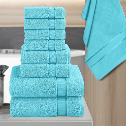 Image of Elegant Comfort Premium Cotton 8-Piece Towel Set, Includes 4 Washcloths, 2 Hand Towels and 2 Bath Towels, 100% Turkish Cotton - Highly Absorbent and Super Soft Towels for Bathroom, Aqua