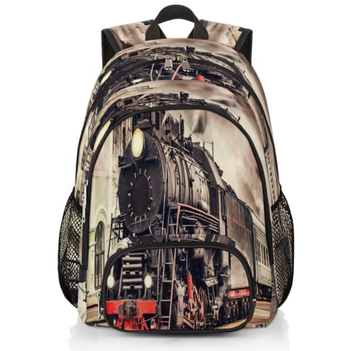 TropicalLife Vintage Steam Train Bookbag 18 Inch School Backpack Teens Girls Boys Schoolbag Shoulder Computer Hiking Gym Travel Casual Travel Daypack