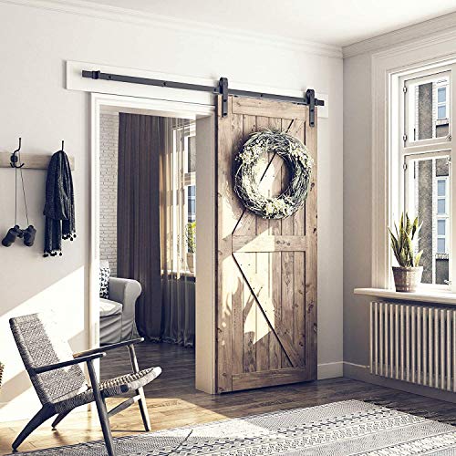 Image of SMARTSTANDARD 6 Feet Heavy Duty Sturdy Sliding Barn Door Hardware Kit-Smoothly and Quietly-Includes Detailed Installation Fit 36 inch Wide Doorpanel (J Shape Hanger) Black