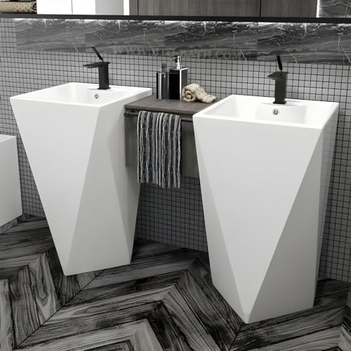 Image of B Backline Ceramic One Piece Pedestal Wash Basin Free Standing Diamond Cut Basin For Livingroom & Bathroom 48 X 48 X 83 CM - 10 Years Glaze Warranty (White Glossy)