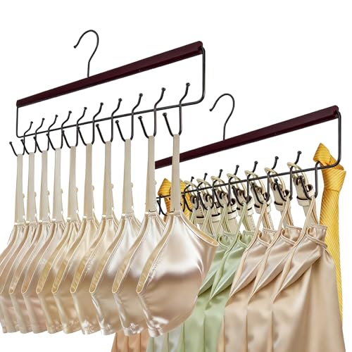 TAIKONLAB Bra Hanger 2 Pack with Premium Wood, 40 Hooks Large Capacity Closet Organizer for Belt Bra Tie Scarf and Tank Top, Space Saving Rack 360° Rotatable with Sturdy Metal Hooks