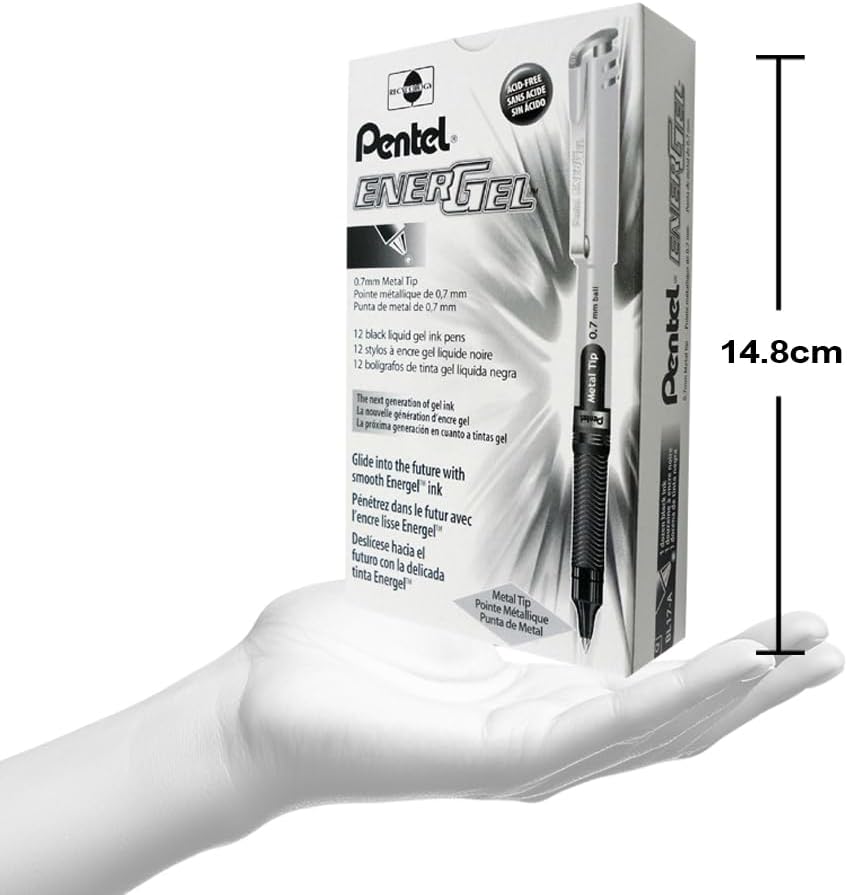 Pentel BL17-A, EnerGel Liquid Gel Pen, Medium Metal Tip, Silver Barrel, Black Ink, Box of 12
