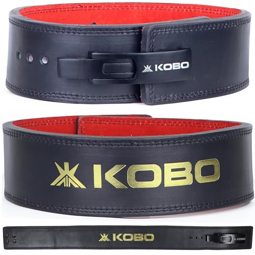 Kobo 13mm Lever Belt Weight Lifting Gym Fitness, Natural Genuine Leather, 4” Wide Back Support, 9 Adjustable Holes, Powerlifting Bodybuilding Deadlift Squat Workout Strength Training, Men Women (S)