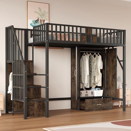 Merax Hochbett aus Metall, 90 x 200 cm, mit Drahtgitter, integriertem Schrank, Schubladen und Aufbewahrungsleiter, platzsparendes Kinderbett, modern und robust, Schwarz (ohne Matratze)