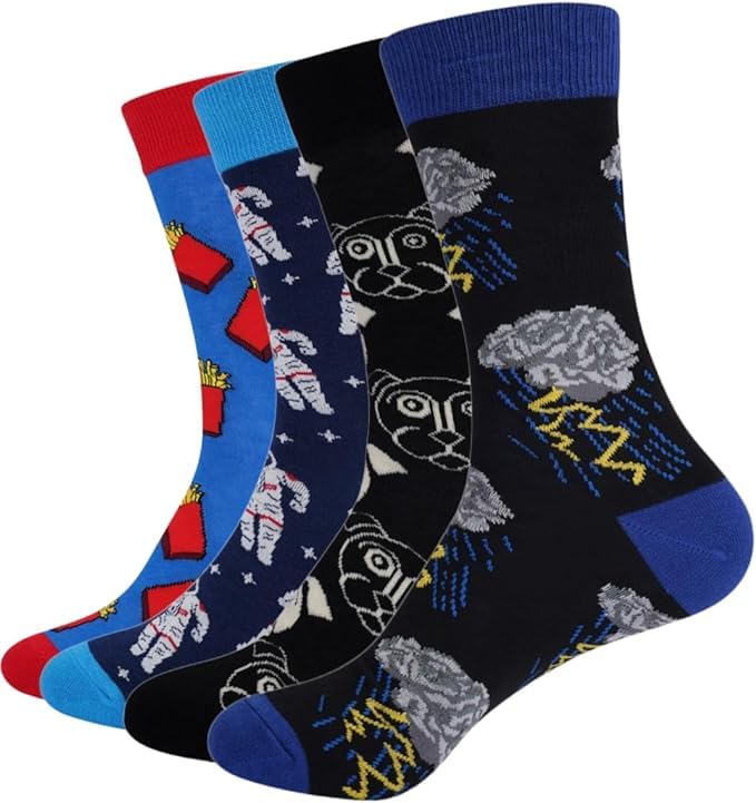 TOFFCRAFTQuirky Socks for Men & Women, Fun Dress Casual Pattern Cotton Crew Socks Pack of 4 ( Deep Maroon Stripes + Freshno Blue & Black Polka + Earth Grey + Checkered Navy )