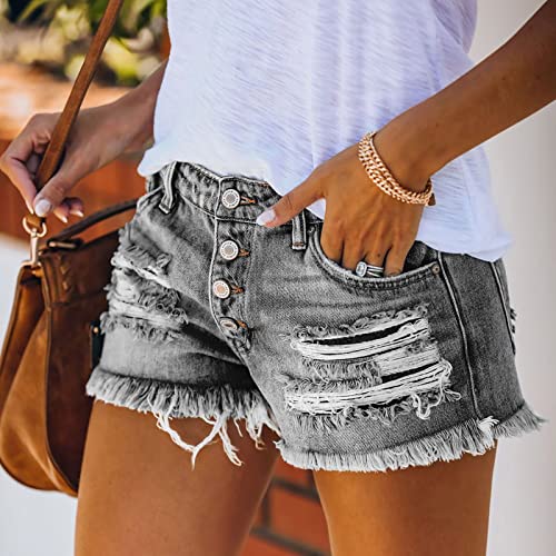 Lainuyoah Shorts femininos confortáveis de cintura alta, shorts jeans com bolso, elástico e bainha c