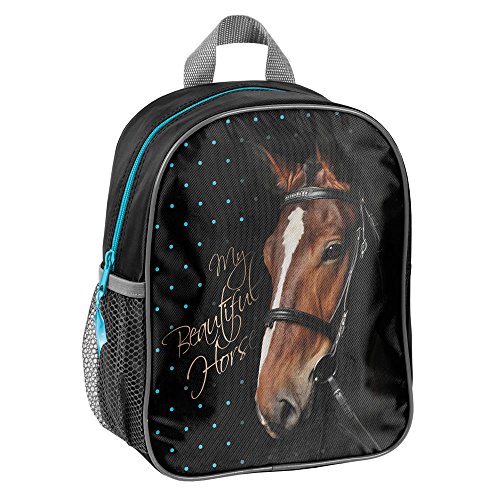 Preisvergleich Produktbild Kinder Rucksack 28x22x10 cm - Motiv Pferde - SCHWARZ / TÜRKIS