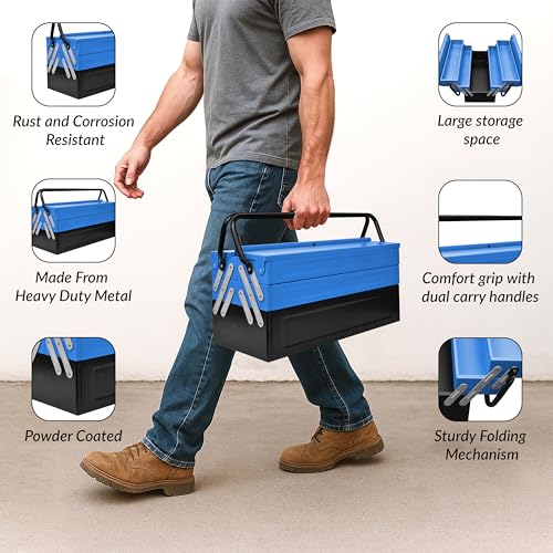 Image of Plantex Metal Tool Box /Tools Box With Large Capacity /Empty Tool Box /Tool Organizer For Carpenter, Garage, And Home Essential Tools - 5 Compartments - (Blue & Black)