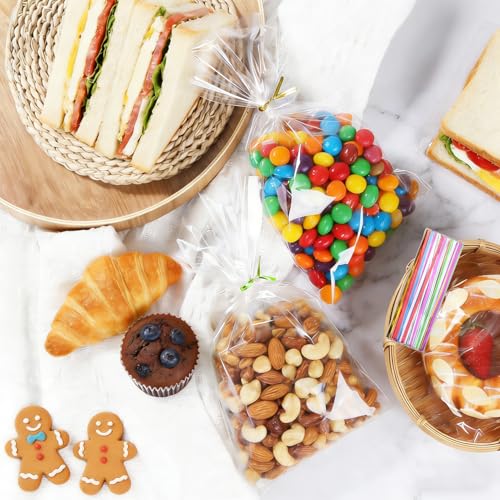 200 Stück Cellophantüten Klein, 10x15 cm Zellophantüten Tütchen Transparent Kleine Tüten für Süßigkeiten Zellophanbeutel mit 200 bunten Krawatten für Brot Kekse Kindergeburtstag Gastgeschenke Tütchen