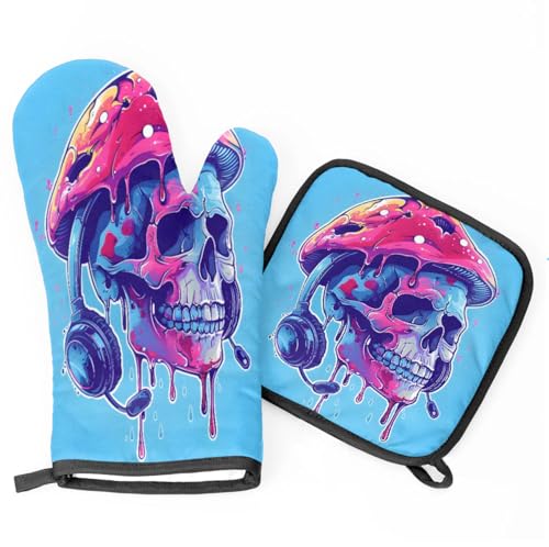 Mushroom Hat Skull Oven Mitts Kitchen Oven Gloves for Cooking Baking Heat Proof Lining Cotton Kitchen Potholder Mittens Pot Holders Hot Pads for Chef Women Men