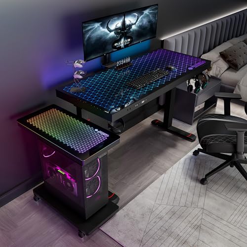 EUREKA ERGONOMIC Height Adjustable Computer Tower Stand, Illuminated Glass Panel PC Stand w/RGB Lights, 2-Tier CPU Holder Cart Under Desk, PC Floor Stand for Office Gaming, APP Control