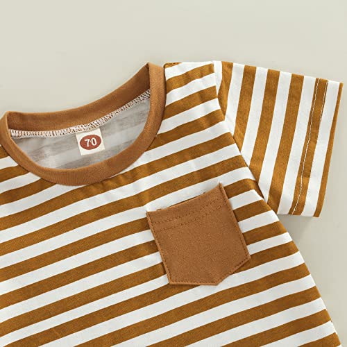 Baby Boys Summer Outfits Set Short Sleeve Striped T-Shirt Tops + Solid Color Short Pants 6 12 18 24 Months 2T 3T (A-Brown, 12-18 Months) #TOP3