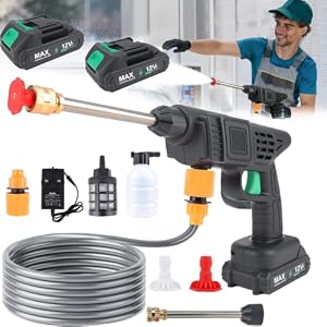 Cordless Pressure Washer, Portable Power Jet Washer, High-Pressure Water Cleaner with 2 Batteries, 2-in-1 Nozzle, 5M Hose, Foam Kettle, Power Washer for Car, Patio, Garden Cleaning