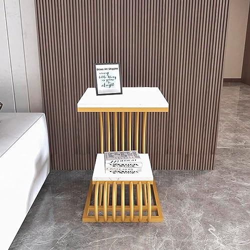 Image of Crown Art SHOPEE Modern Bedside Cabinet Table Engineered top Metal Table fo r Living Room, Bedroom,Farm House, Study Industrial Balcony etc Golden and White