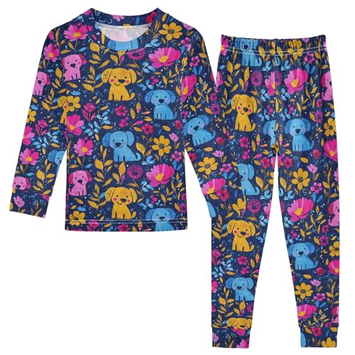 Cute Dogs and Flowers Pattern Cute Pajama Sets Long Sleeve Top and Pants, Snug Fit Sleepwear for Night Wears
