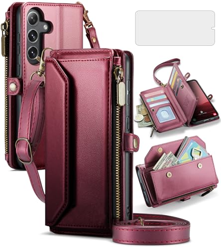 Asuwish Phone Case for Samsung Galaxy S25 FE 5G Zipper Wallet Cover with Tempered Glass Screen Protector and Leather Flip RFID Blocking Card Holder Cell S 25 EF S25FE 25S 25FE Women Men Girls Wine Red