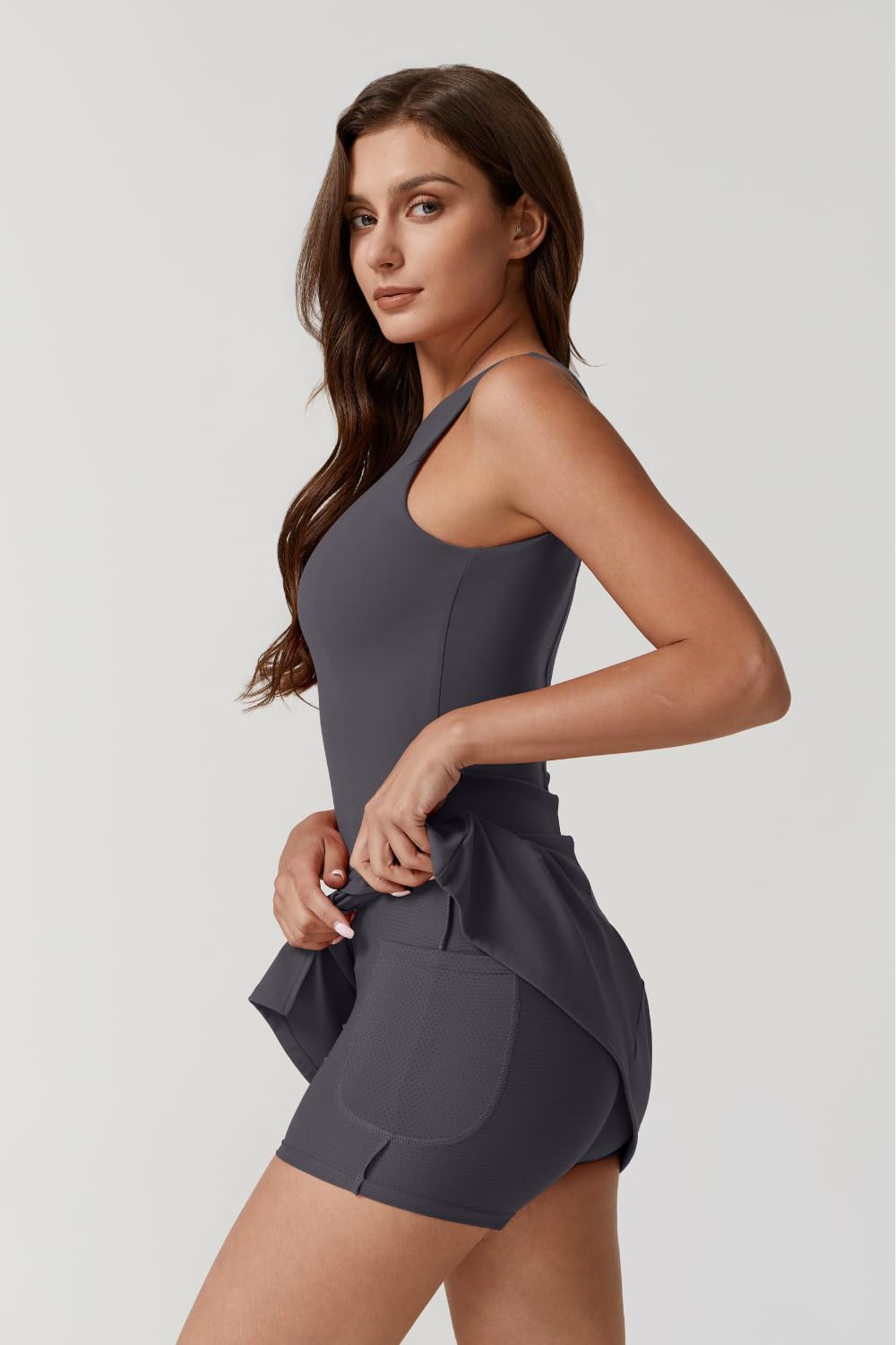 QINSEN Womens Crew Neck Tennis Dress Sleeveless Side Slit Golf Athletic Dress Build in Shorts with Pockets - Image 3