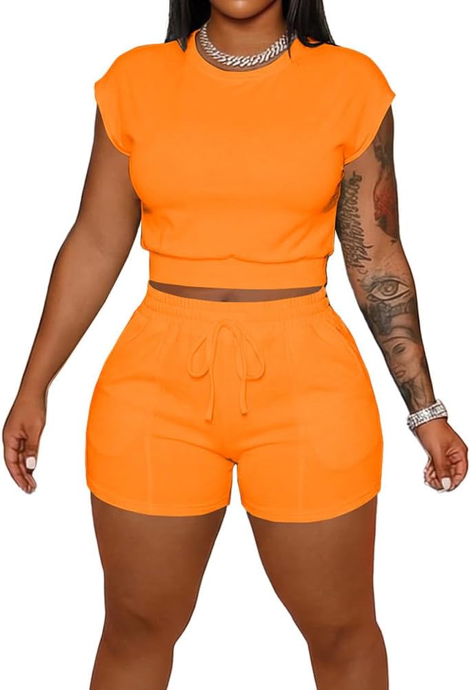 HBQ Women's Short Sets 2 Piece Summer Outfits Cap Sleeve Crop Top and Shorts Casual Lounge Matching Sets