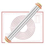 Iadong Teigrolle Edelstahl mit Backmatte Silikon, Dicke-Verstellbares Nudelholz Einstellbar mit Distanz-Scheiben in 4 Größen, Teigroller für Fondant, Pizza, Kuchen, Nudelteig und Mürbeteig