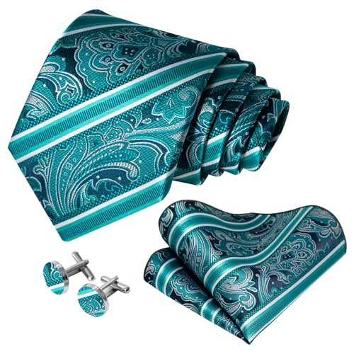 Image of 5PCS Mens Silk Designer Tie, Pocket Square, Cufflinks, Drilled Tie Ring and Lapel Pin Set for Wedding Groom Party